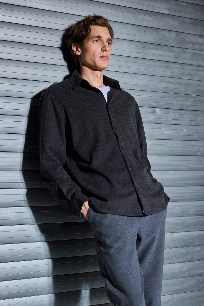 DeFacto Grey Man Regular Fit Polo Neck Twill Long Sleeve Shirt Casual - Image 1